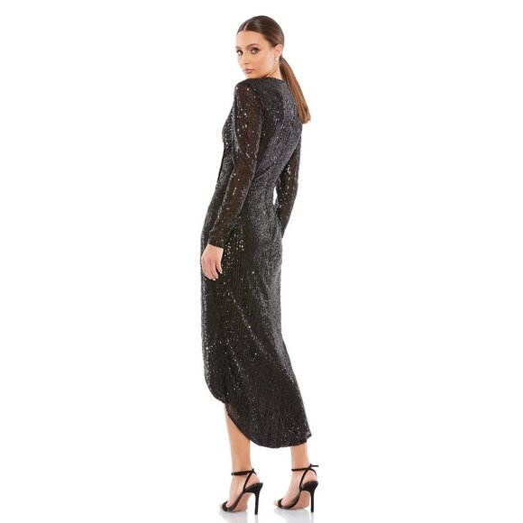 NWT Mac Duggal Sequined High Low Front Twist Midi Dress Black 6 #A0555-56 - Picture 4 of 8
